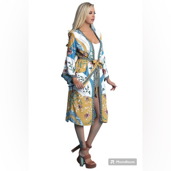 Jealous Tomato Womens Floral Kimono Coverup Bell Sleeve Tie Waist New - Picture 2 of 11